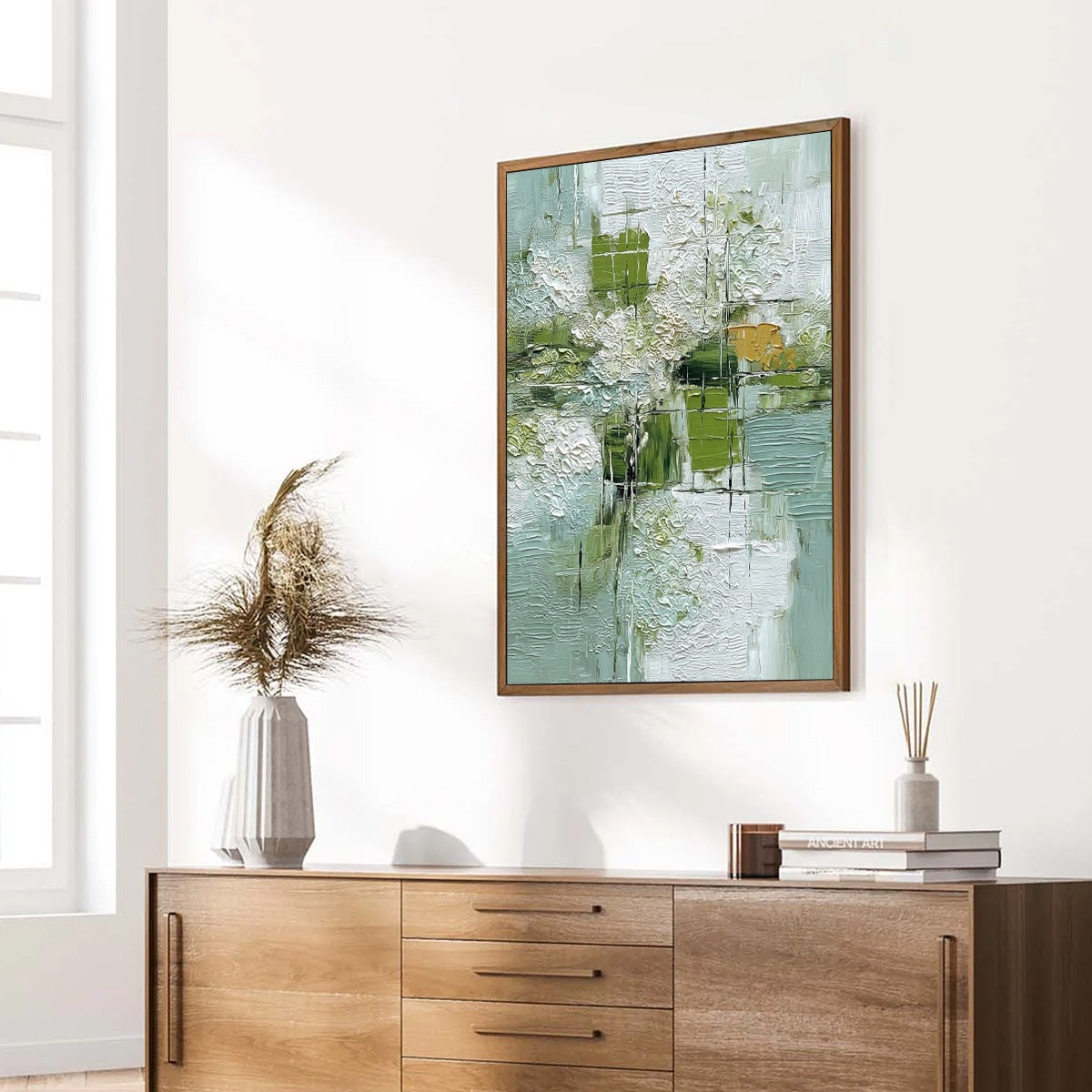 VERDANT GRID: Textured Green and White Wabi Sabi Abstract Painting