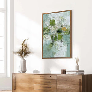 VERDANT GRID: Textured Green and White Wabi Sabi Abstract Painting