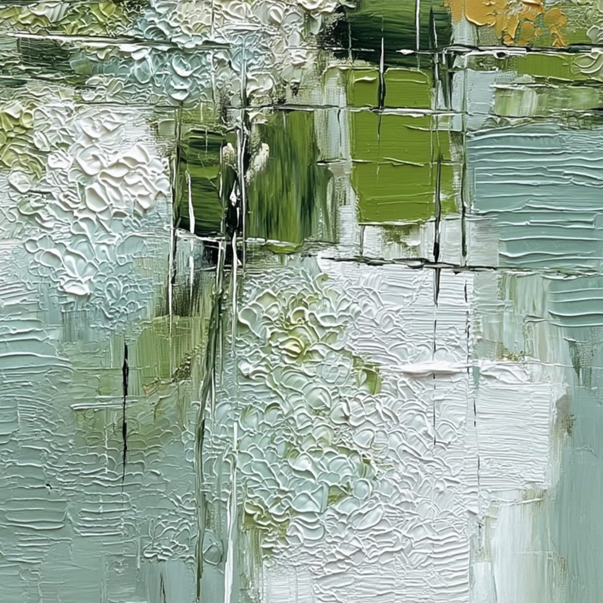 VERDANT GRID: Textured Green and White Wabi Sabi Abstract Painting