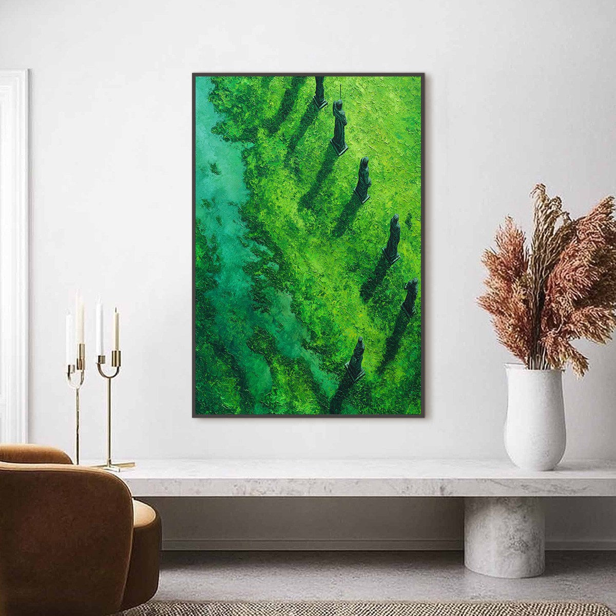 VERDANT GUARDIANS: Textured Vertical Abstract Painting of Ancient Sentinels