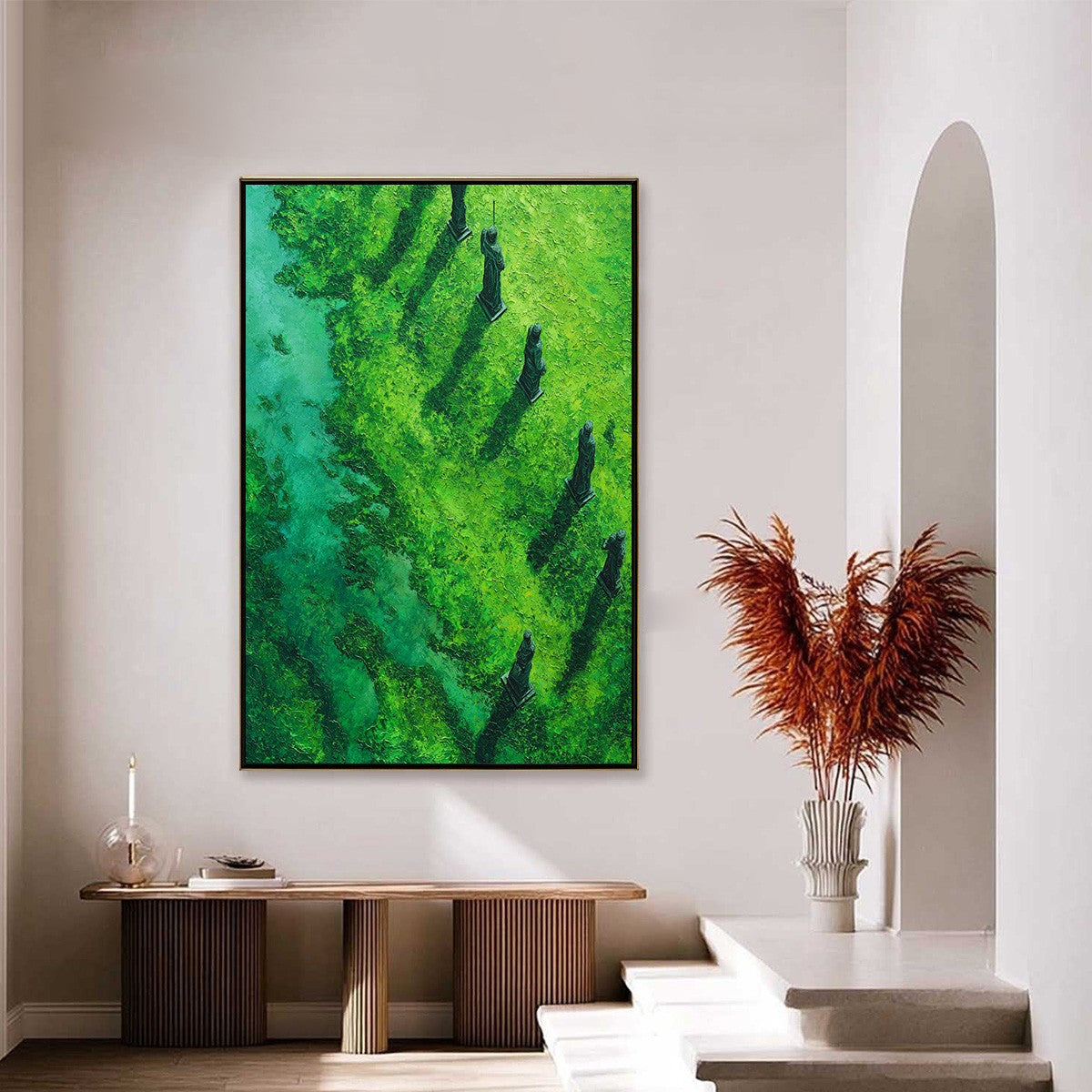 VERDANT GUARDIANS: Textured Vertical Abstract Painting of Ancient Sentinels