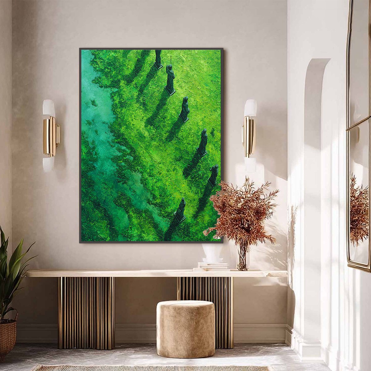 VERDANT GUARDIANS: Textured Vertical Abstract Painting of Ancient Sentinels