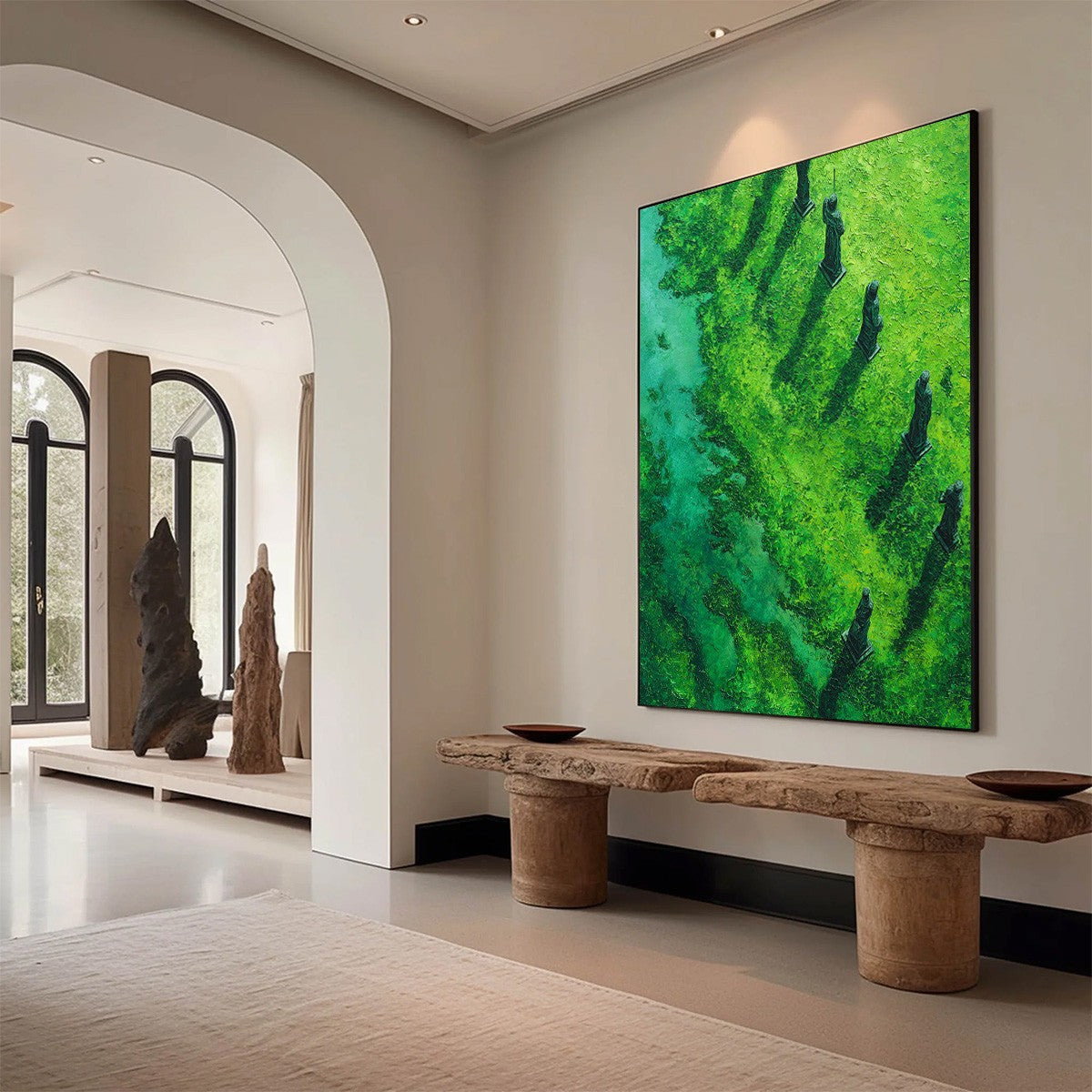 VERDANT GUARDIANS: Textured Vertical Abstract Painting of Ancient Sentinels