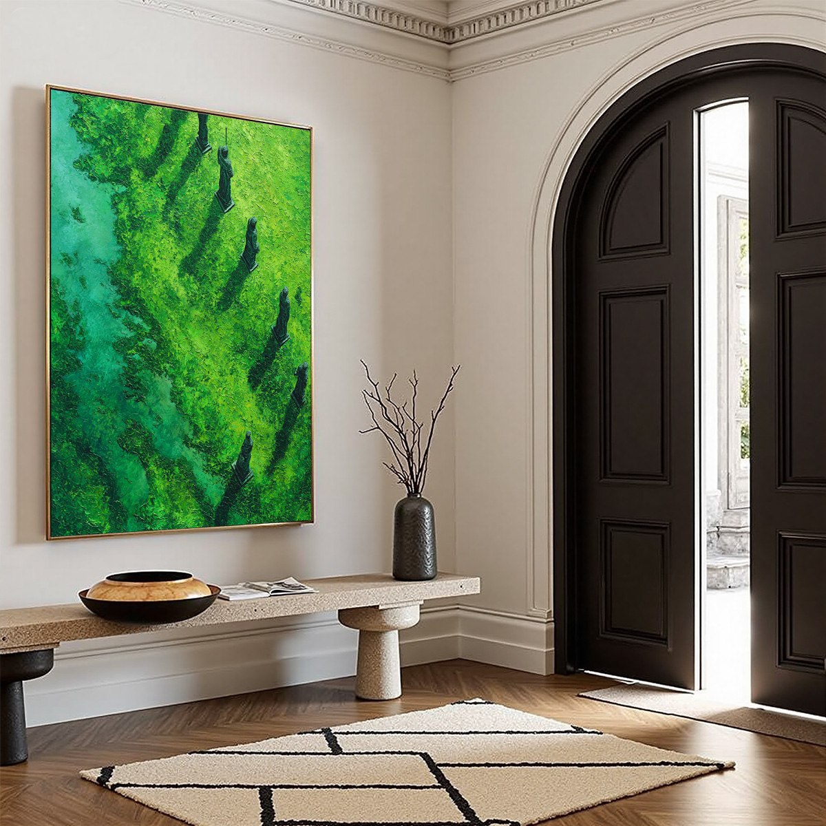 VERDANT GUARDIANS: Textured Vertical Abstract Painting of Ancient Sentinels