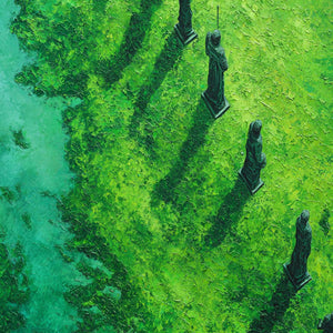 VERDANT GUARDIANS: Textured Vertical Abstract Painting of Ancient Sentinels