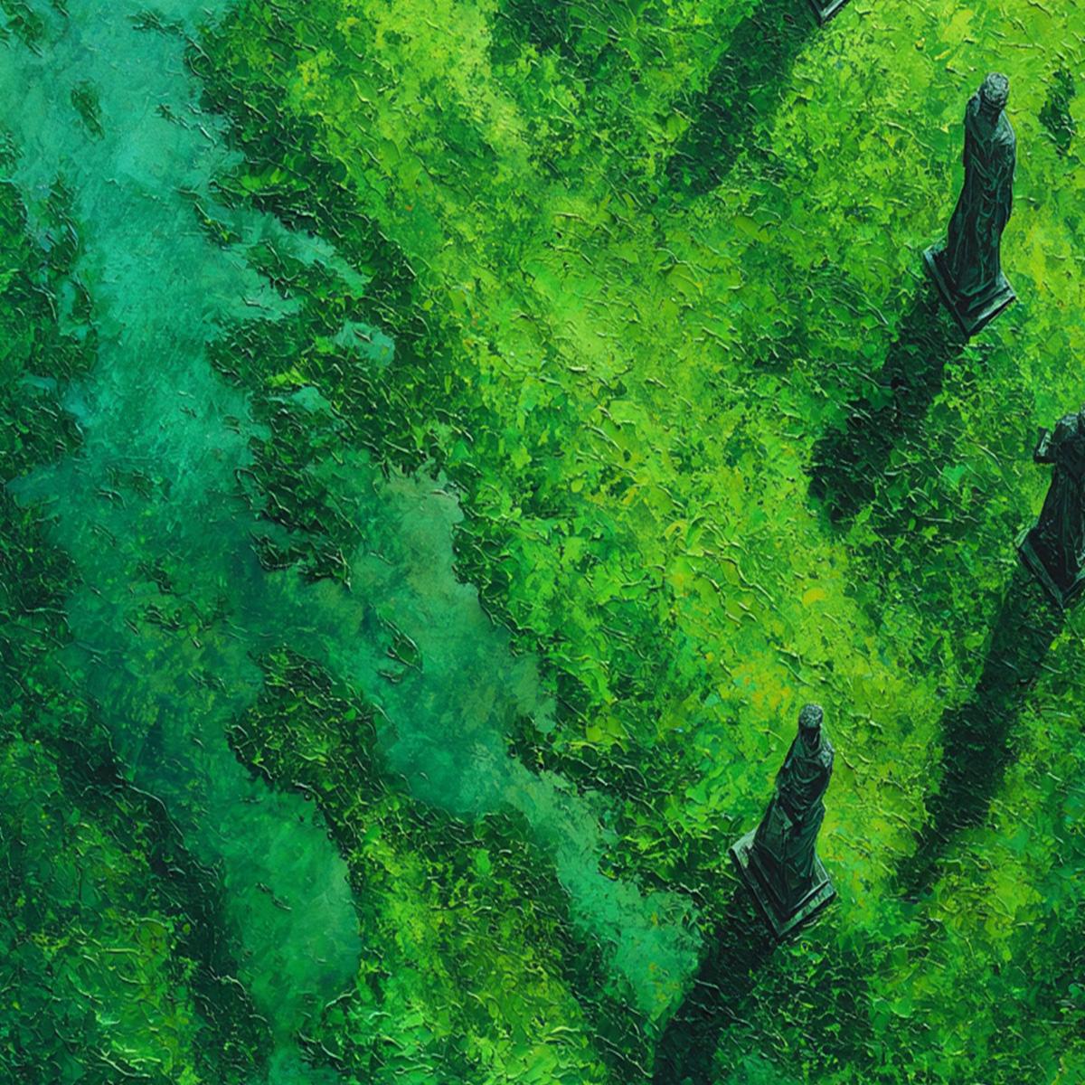VERDANT GUARDIANS: Textured Vertical Abstract Painting of Ancient Sentinels