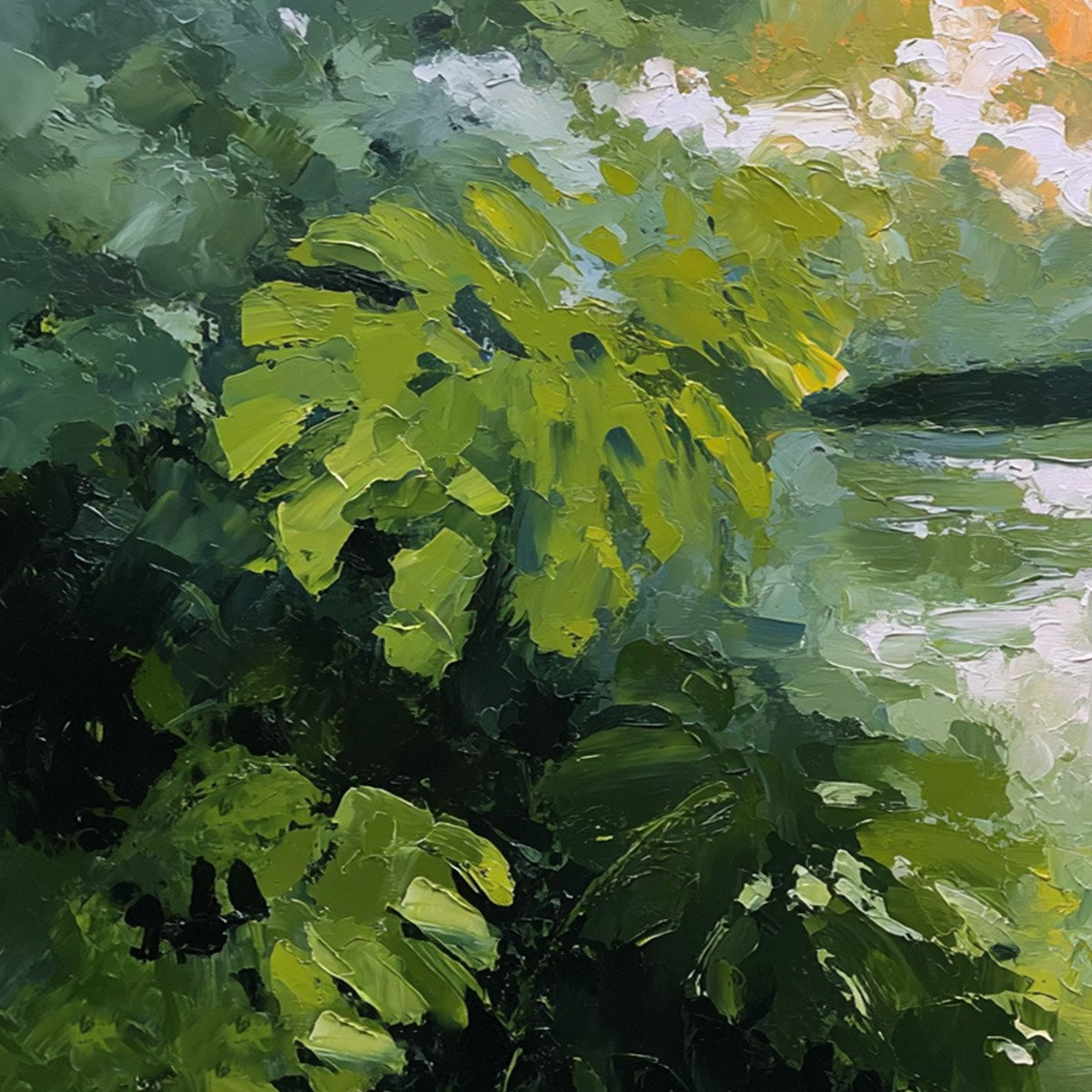 VERDANT HIDEAWAY: Textured Impasto Painting of a Forest Lake
