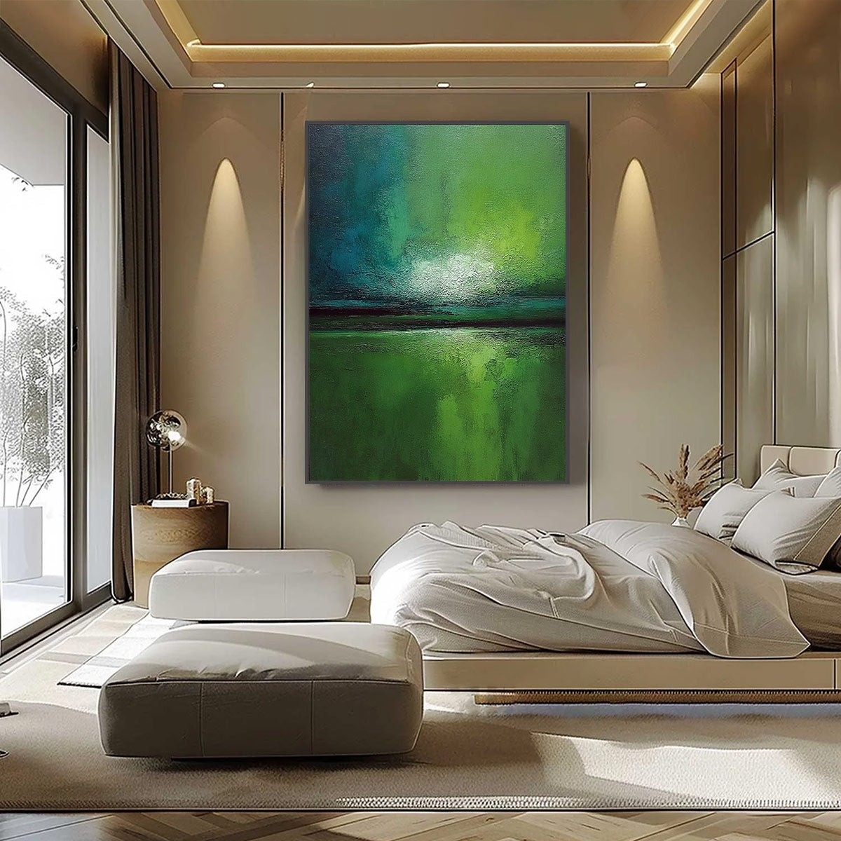 VERDANT HORIZON: Large Textured Abstract Green Landscape Painting