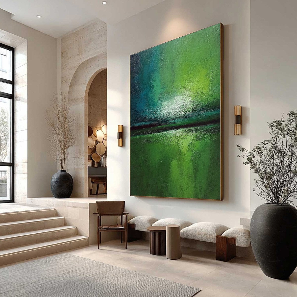 VERDANT HORIZON: Large Textured Abstract Green Landscape Painting