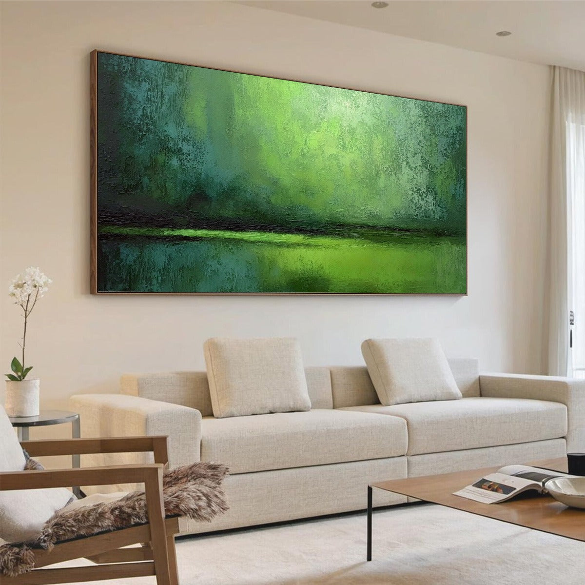VERDANT HORIZON: Large Textured Green Abstract Landscape Painting