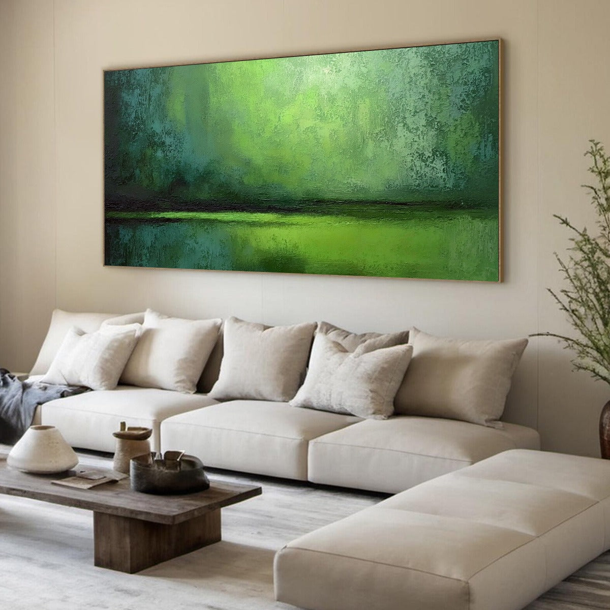 VERDANT HORIZON: Large Textured Green Abstract Landscape Painting