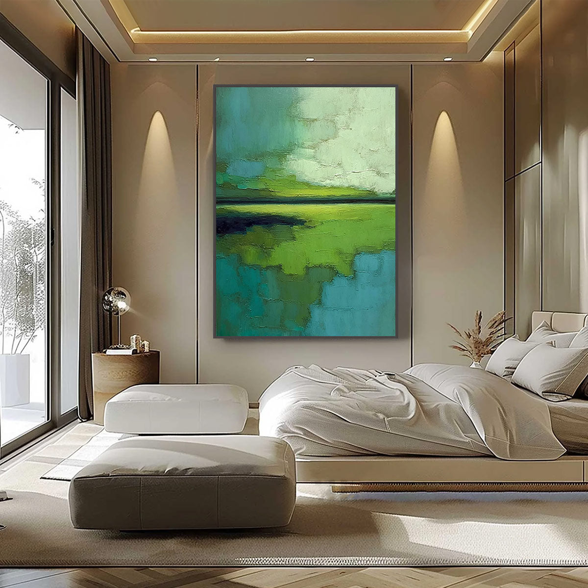 VERDANT HORIZON: Textured Abstract Green Landscape Painting