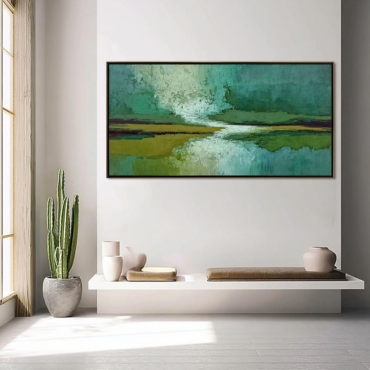 VERDANT HORIZON: Textured Abstract Landscape Painting in Green and Gold