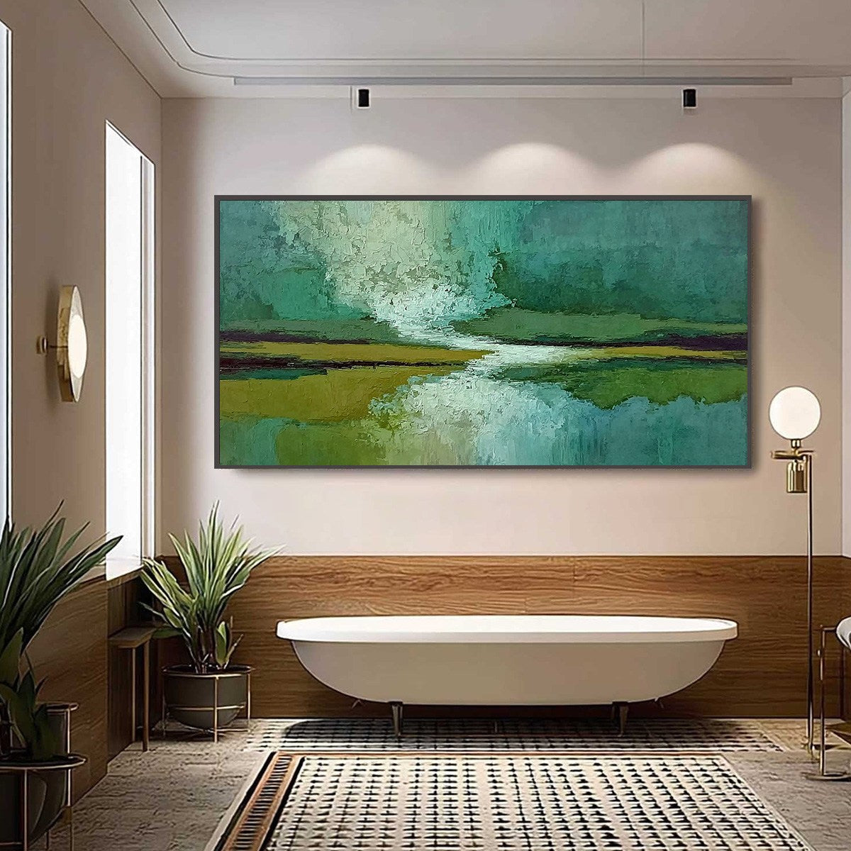 VERDANT HORIZON: Textured Abstract Landscape Painting in Green and Gold
