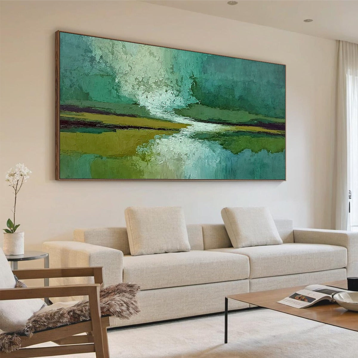 VERDANT HORIZON: Textured Abstract Landscape Painting in Green and Gold