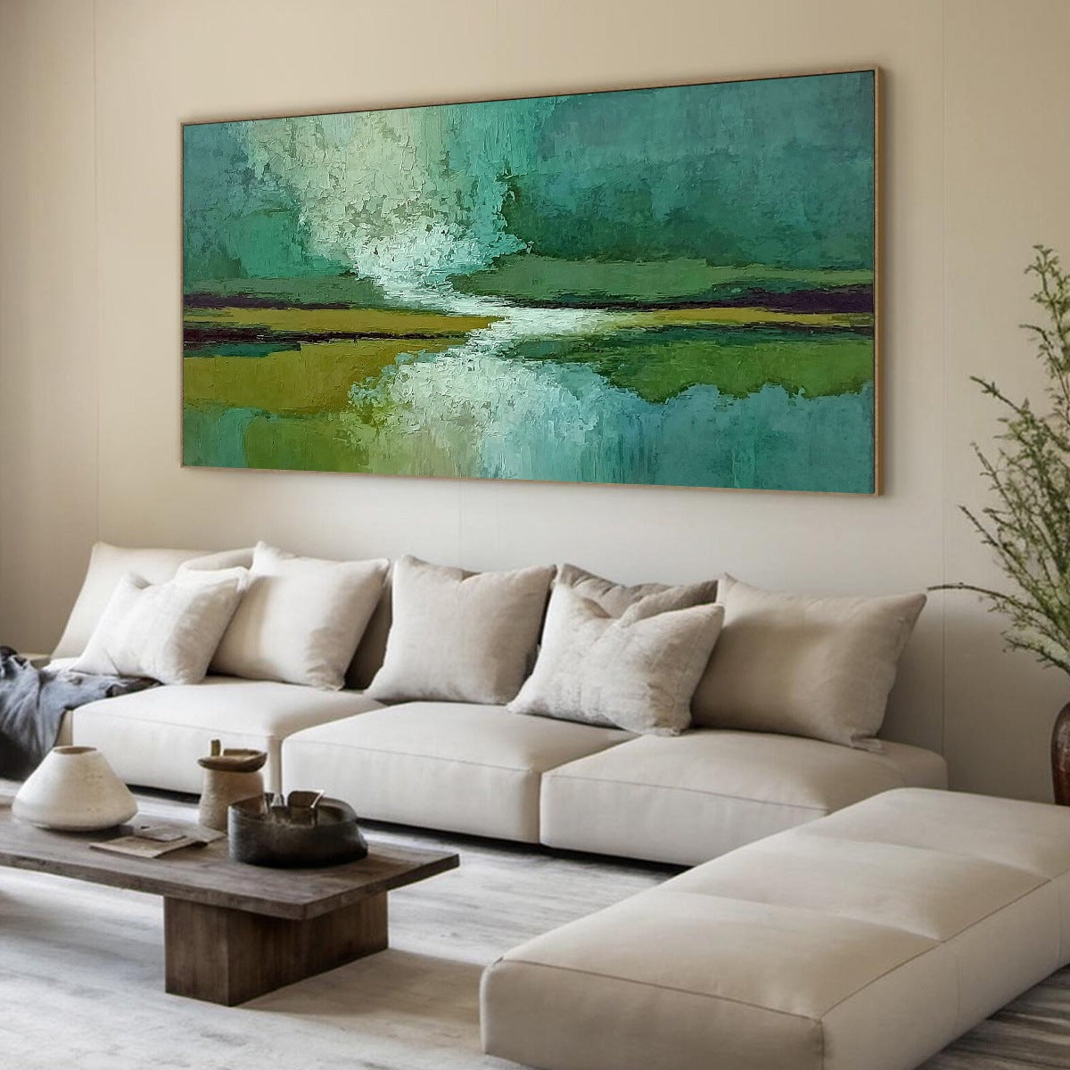 VERDANT HORIZON: Textured Abstract Landscape Painting in Green and Gold
