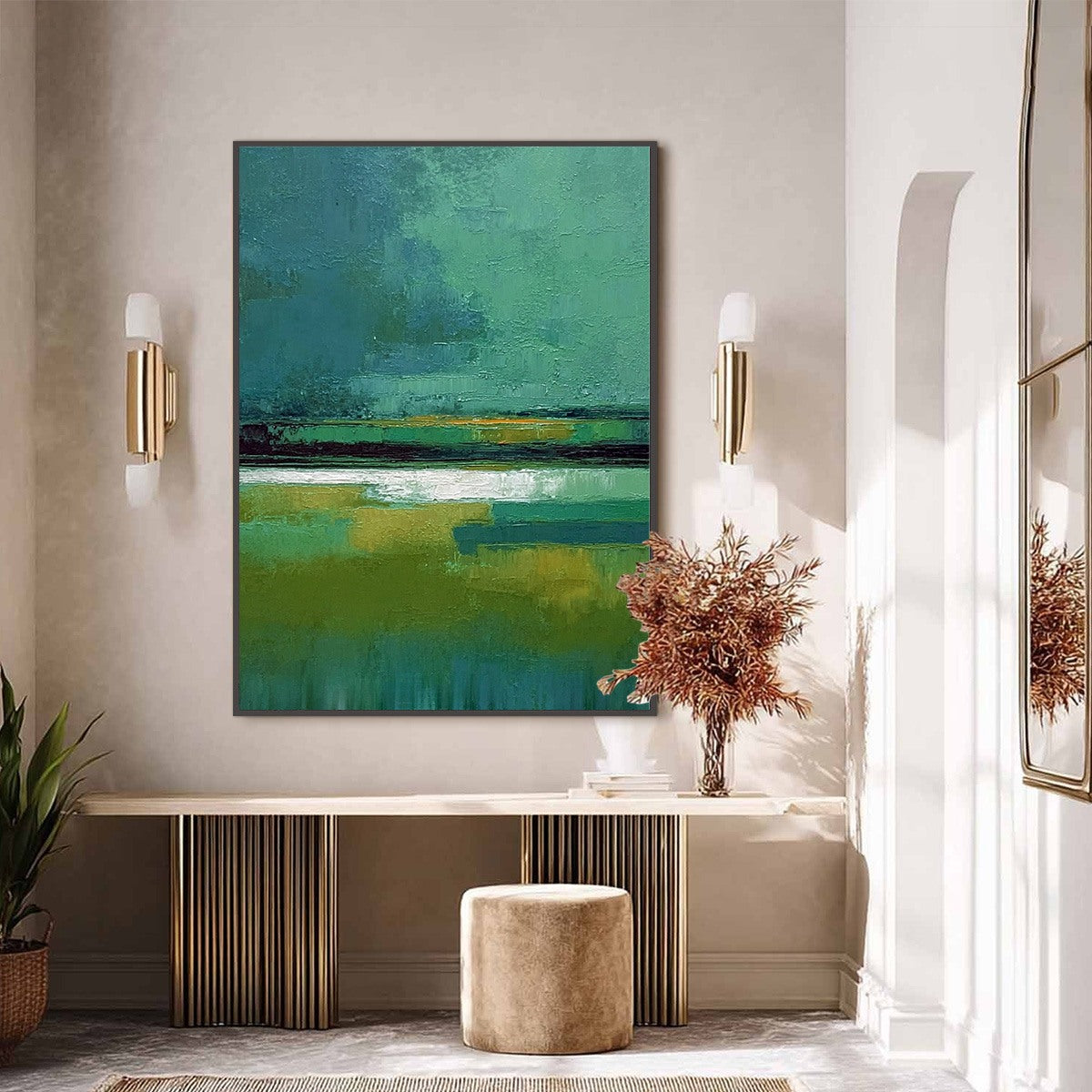 VERDANT HORIZON: Textured Wabi Sabi Abstract Landscape Painting