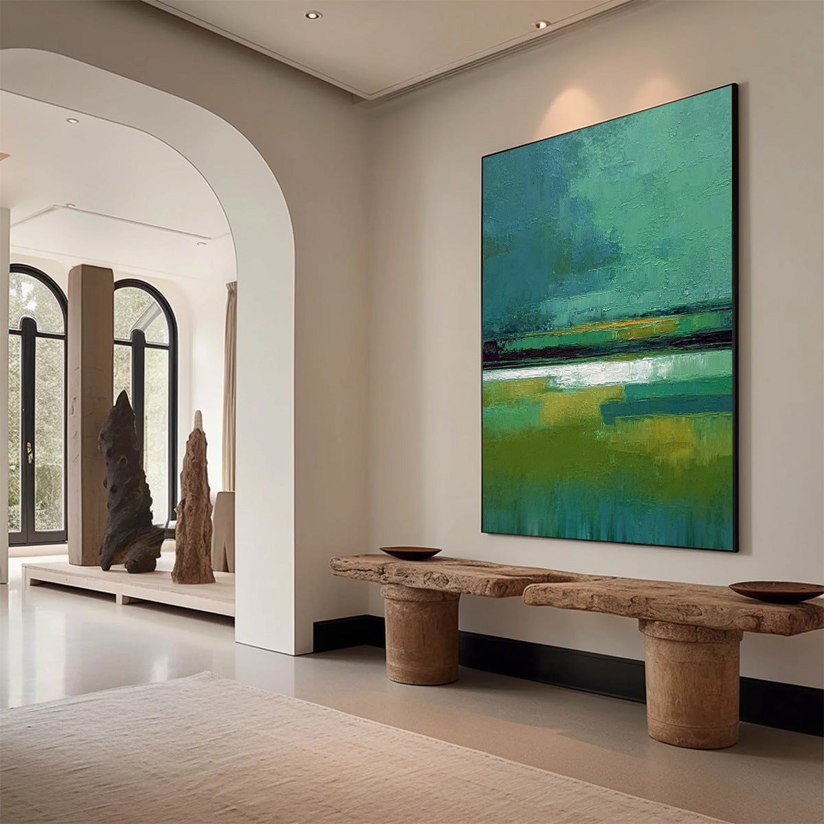 VERDANT HORIZON: Textured Wabi Sabi Abstract Landscape Painting