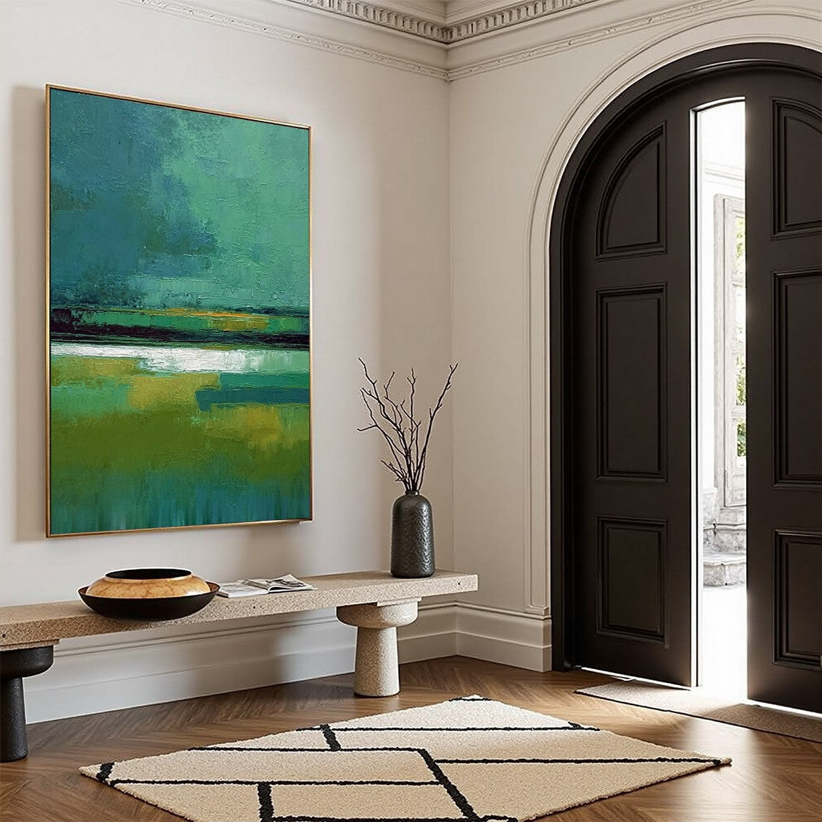 VERDANT HORIZON: Textured Wabi Sabi Abstract Landscape Painting