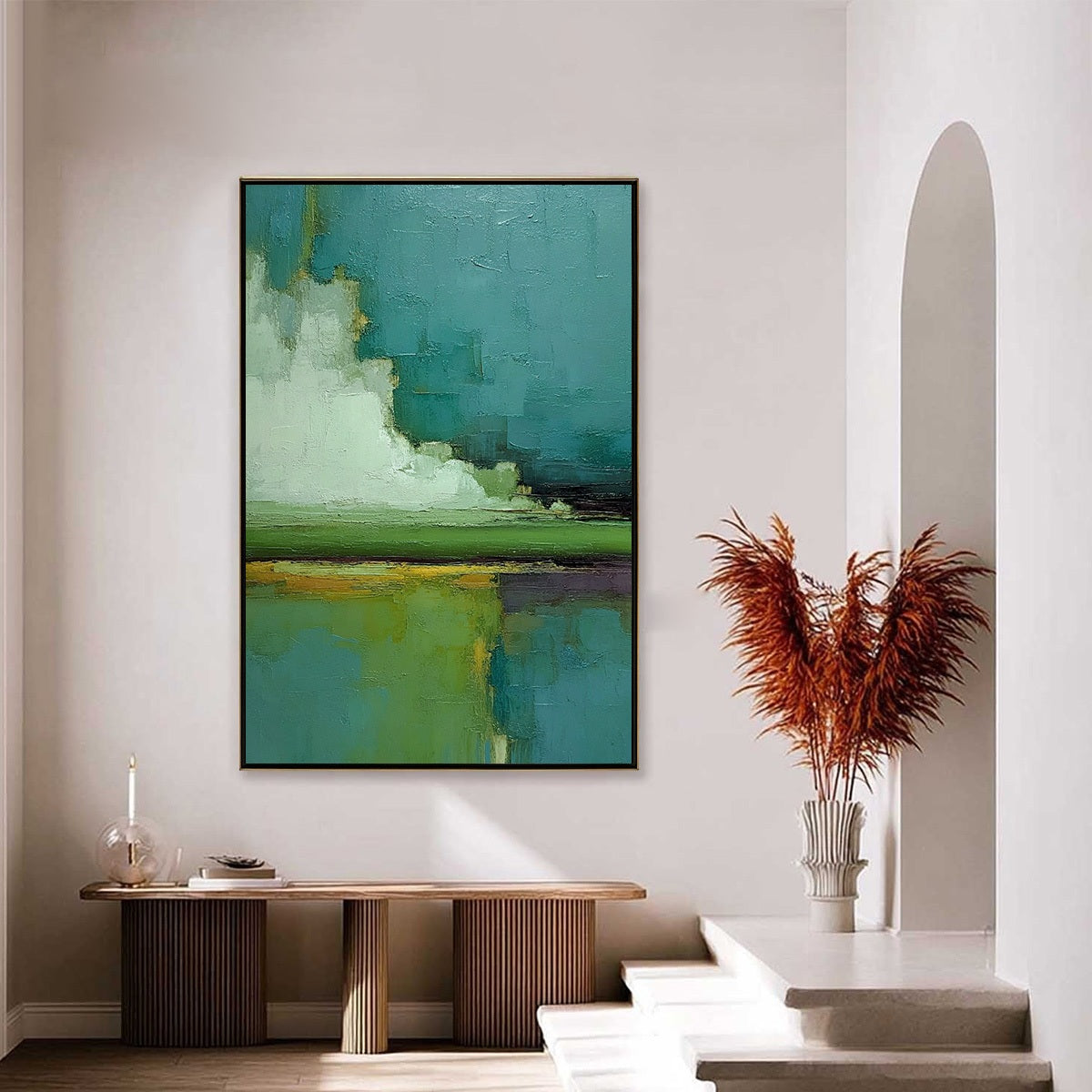 VERDANT HORIZON: Vertical Textured Abstract Landscape Oil Painting