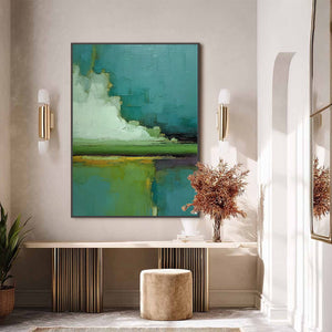VERDANT HORIZON: Vertical Textured Abstract Landscape Oil Painting