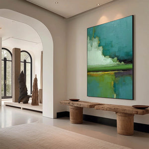 VERDANT HORIZON: Vertical Textured Abstract Landscape Oil Painting