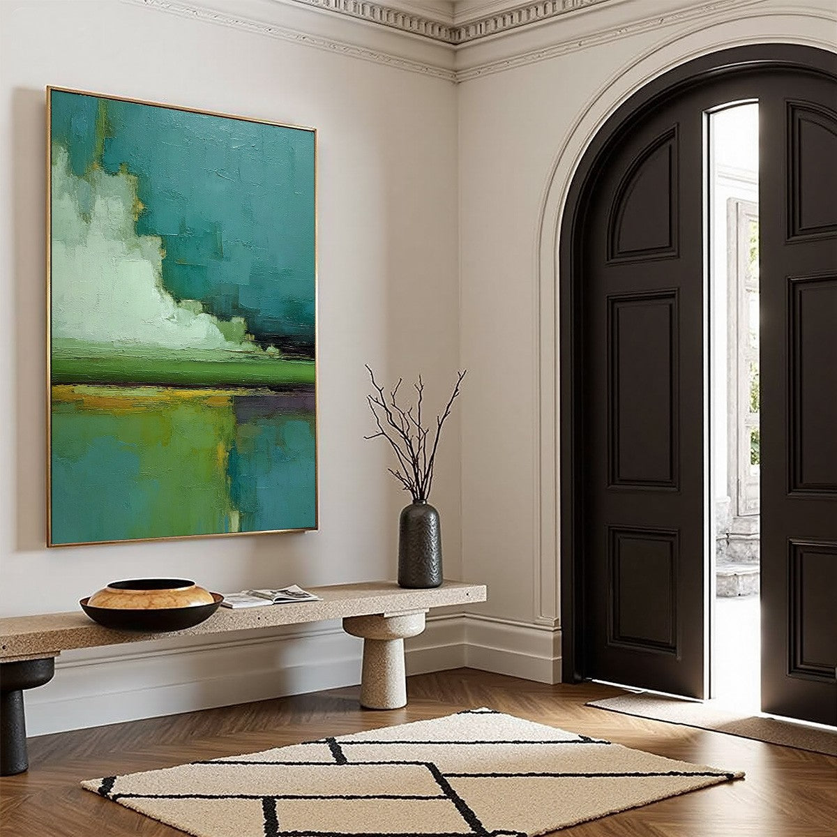 VERDANT HORIZON: Vertical Textured Abstract Landscape Oil Painting