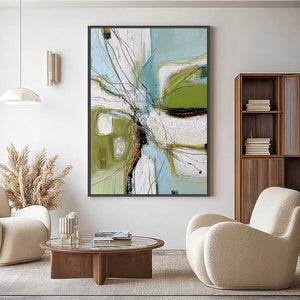 VERDANT NEXUS: Textured Abstract Painting with Green and Blue Hues