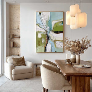 VERDANT NEXUS: Textured Abstract Painting with Green and Blue Hues