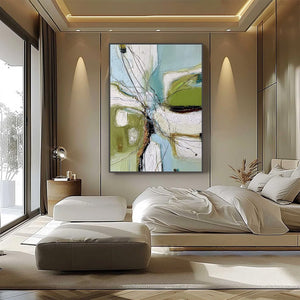 VERDANT NEXUS: Textured Abstract Painting with Green and Blue Hues