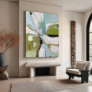 VERDANT NEXUS: Textured Abstract Painting with Green and Blue Hues