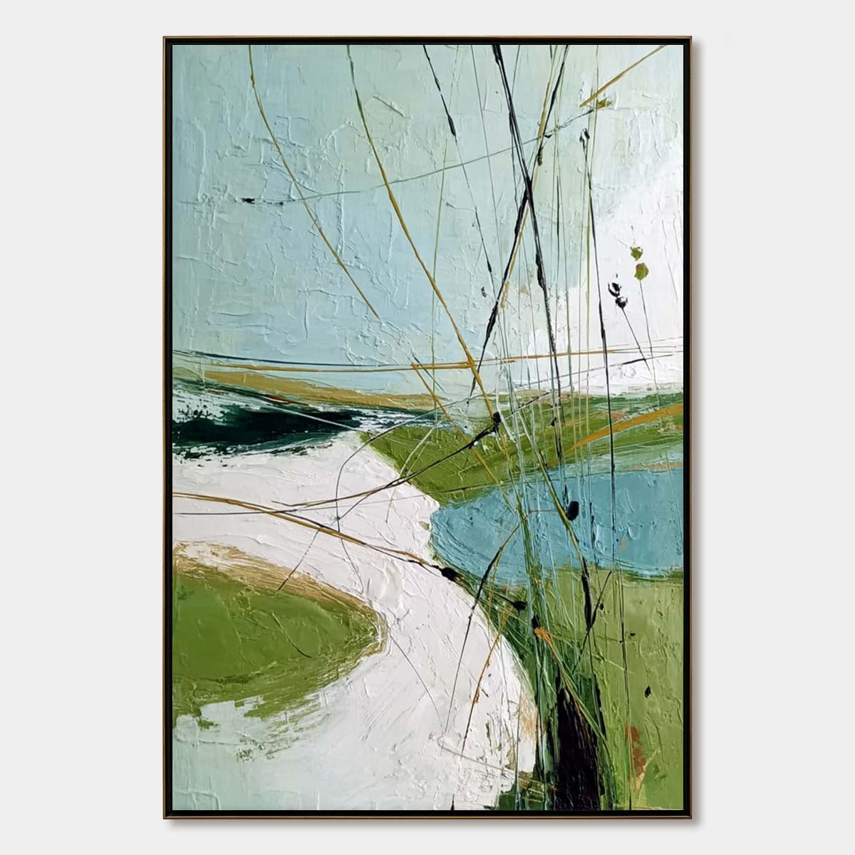 VERDANT PATH: Textured Abstract Green and White Landscape Painting