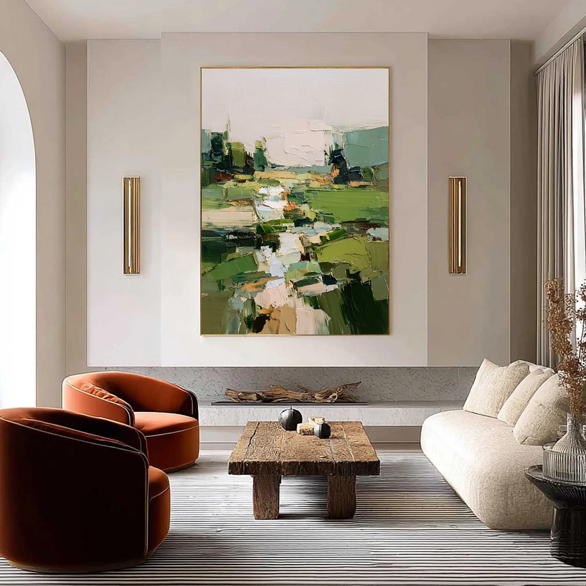 Verdant Path: Textured Abstract Landscape Oil Painting Wall Art