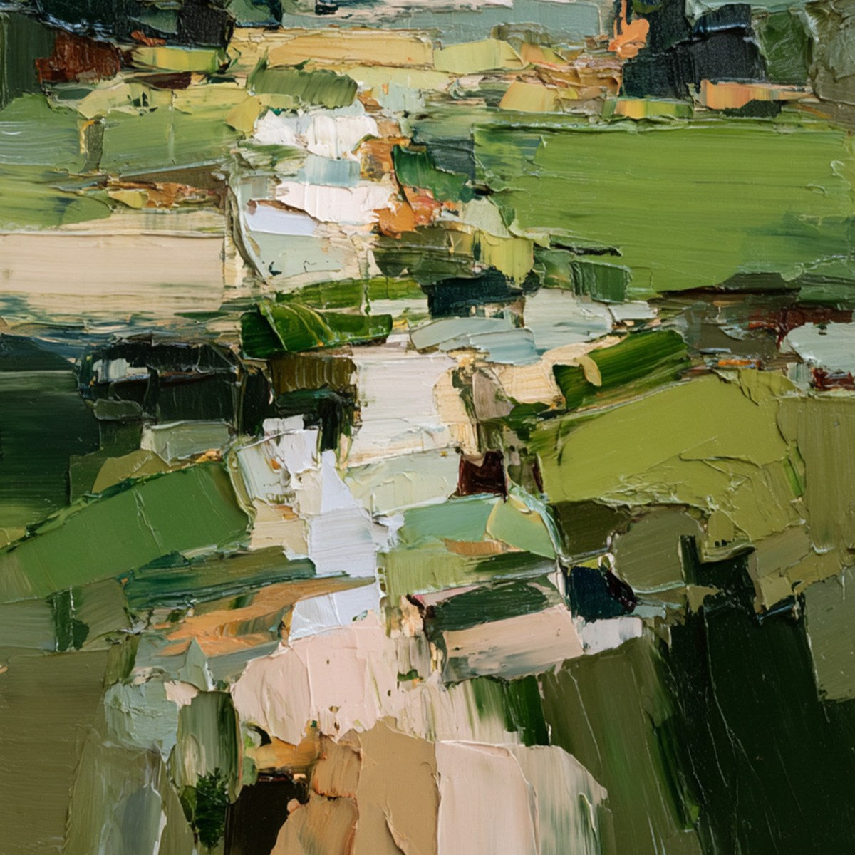 Verdant Path: Textured Abstract Landscape Oil Painting Wall Art