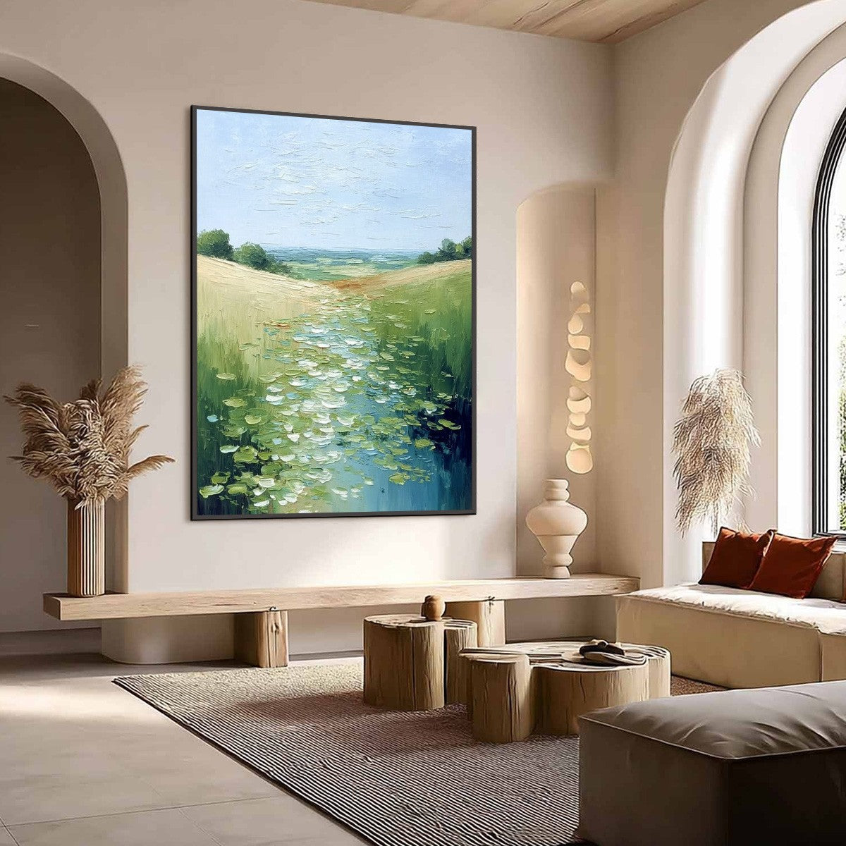 VERDANT PATH: Textured Impasto Landscape Painting of a Lilypad Stream