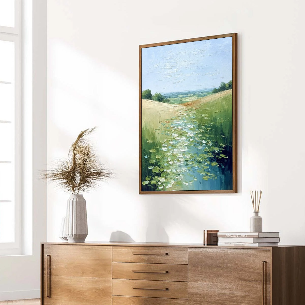 VERDANT PATH: Textured Impasto Landscape Painting of a Lilypad Stream