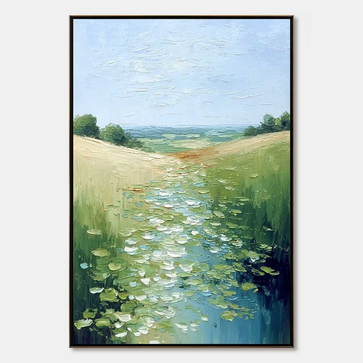 VERDANT PATH: Textured Impasto Landscape Painting of a Lilypad Stream
