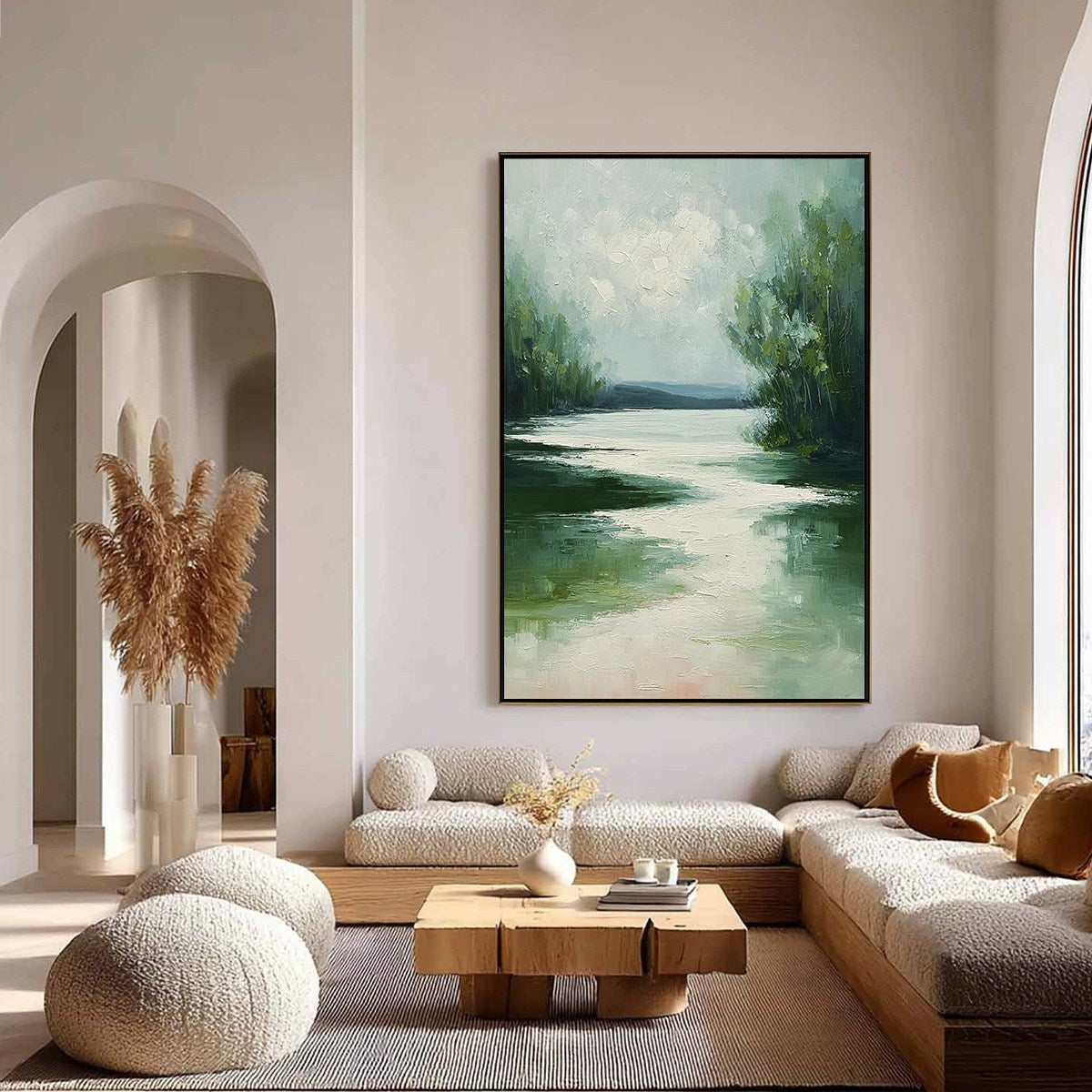 VERDANT REFLECTIONS: Textured Vertical Green Landscape Painting