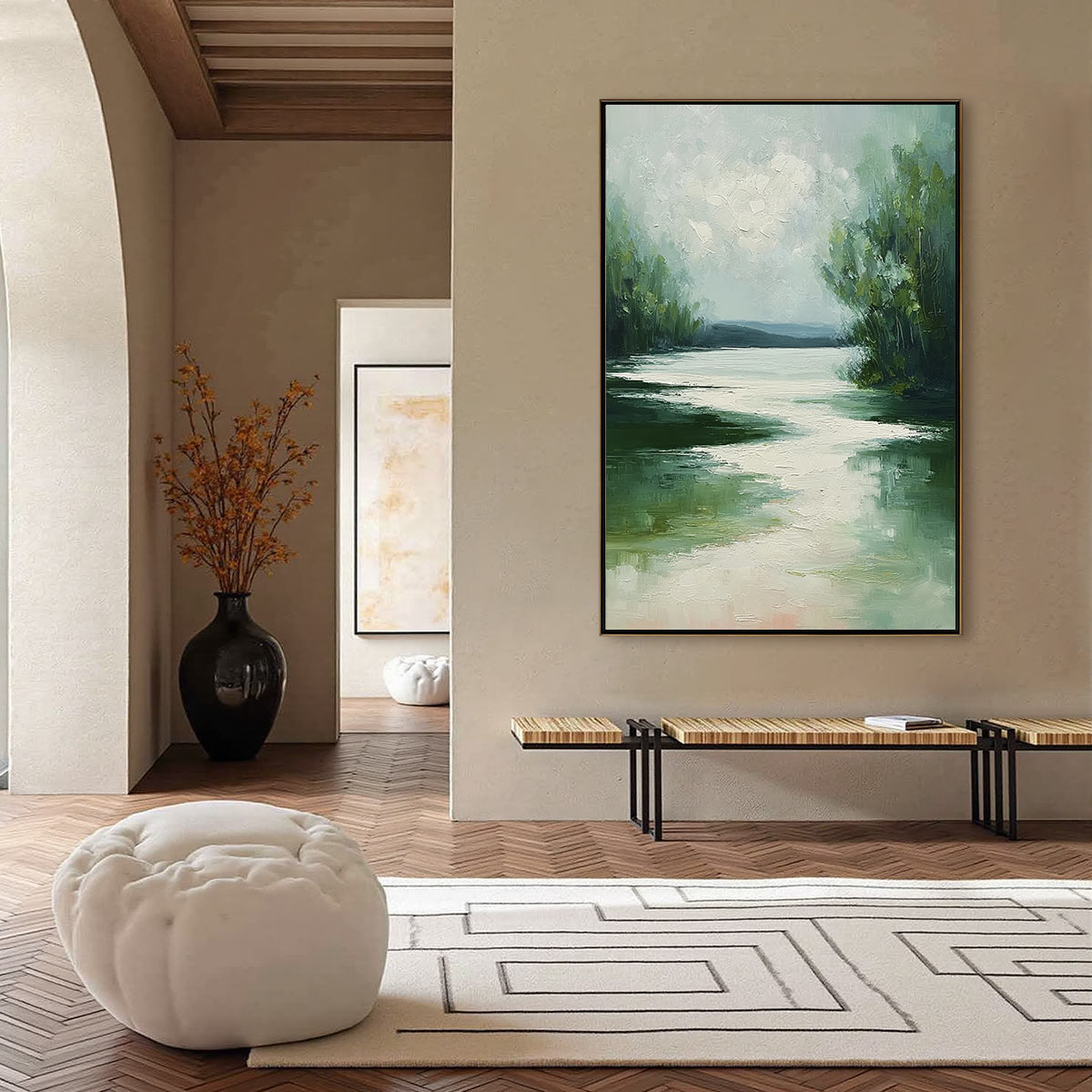 VERDANT REFLECTIONS: Textured Vertical Green Landscape Painting