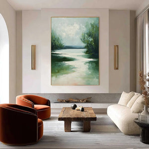 VERDANT REFLECTIONS: Textured Vertical Green Landscape Painting