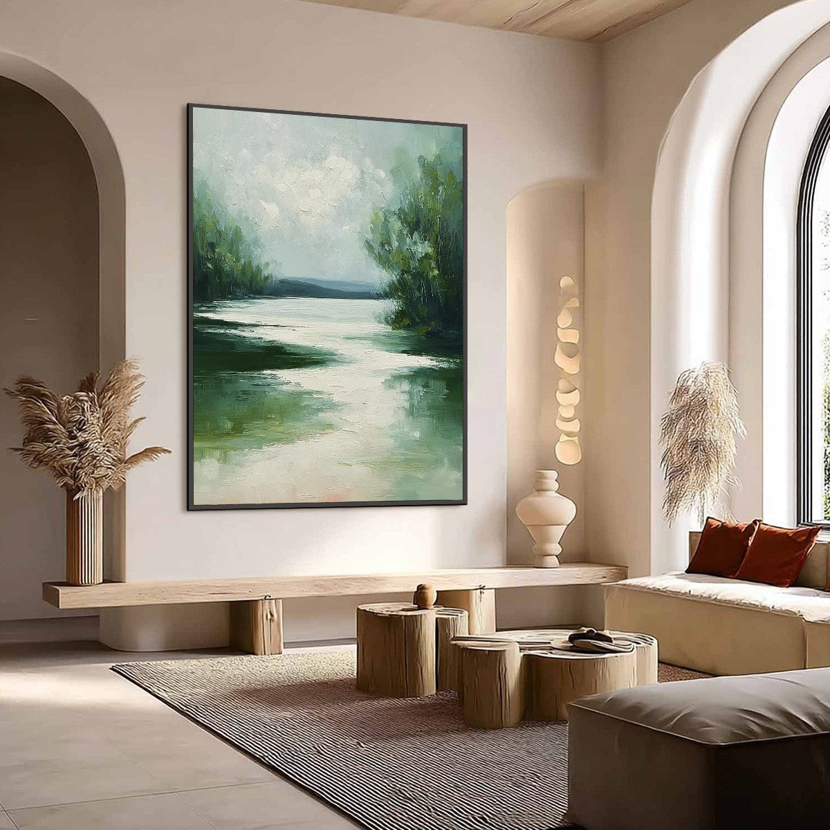 VERDANT REFLECTIONS: Textured Vertical Green Landscape Painting