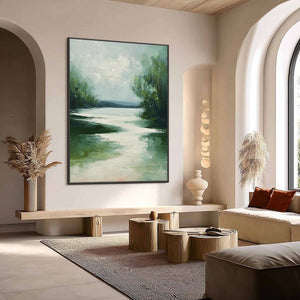 VERDANT REFLECTIONS: Textured Vertical Green Landscape Painting