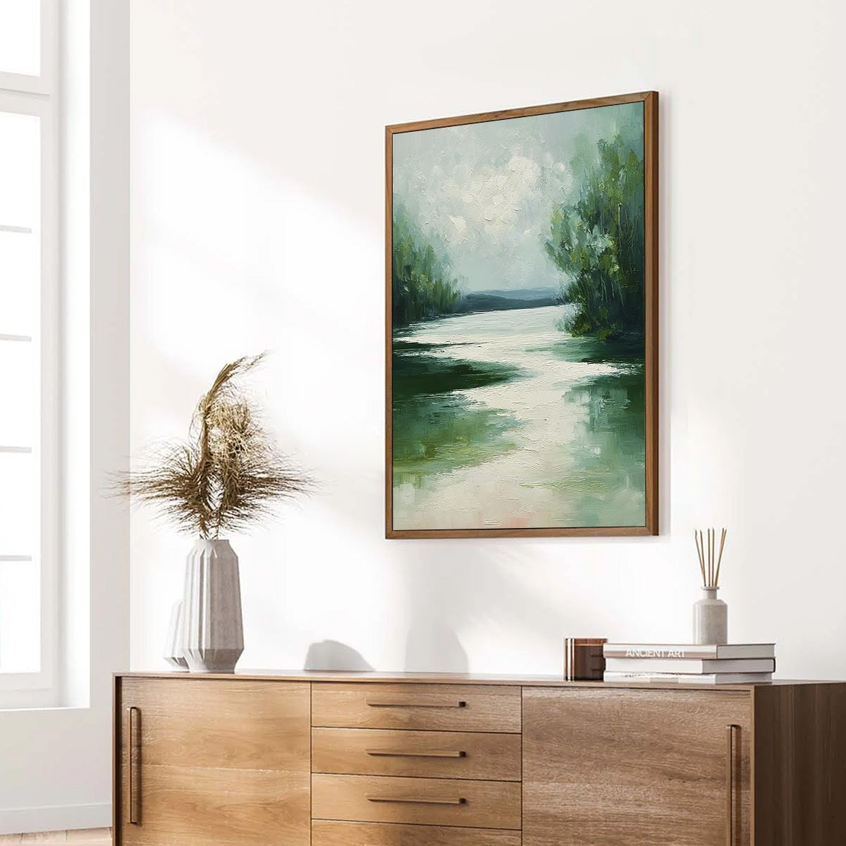 VERDANT REFLECTIONS: Textured Vertical Green Landscape Painting