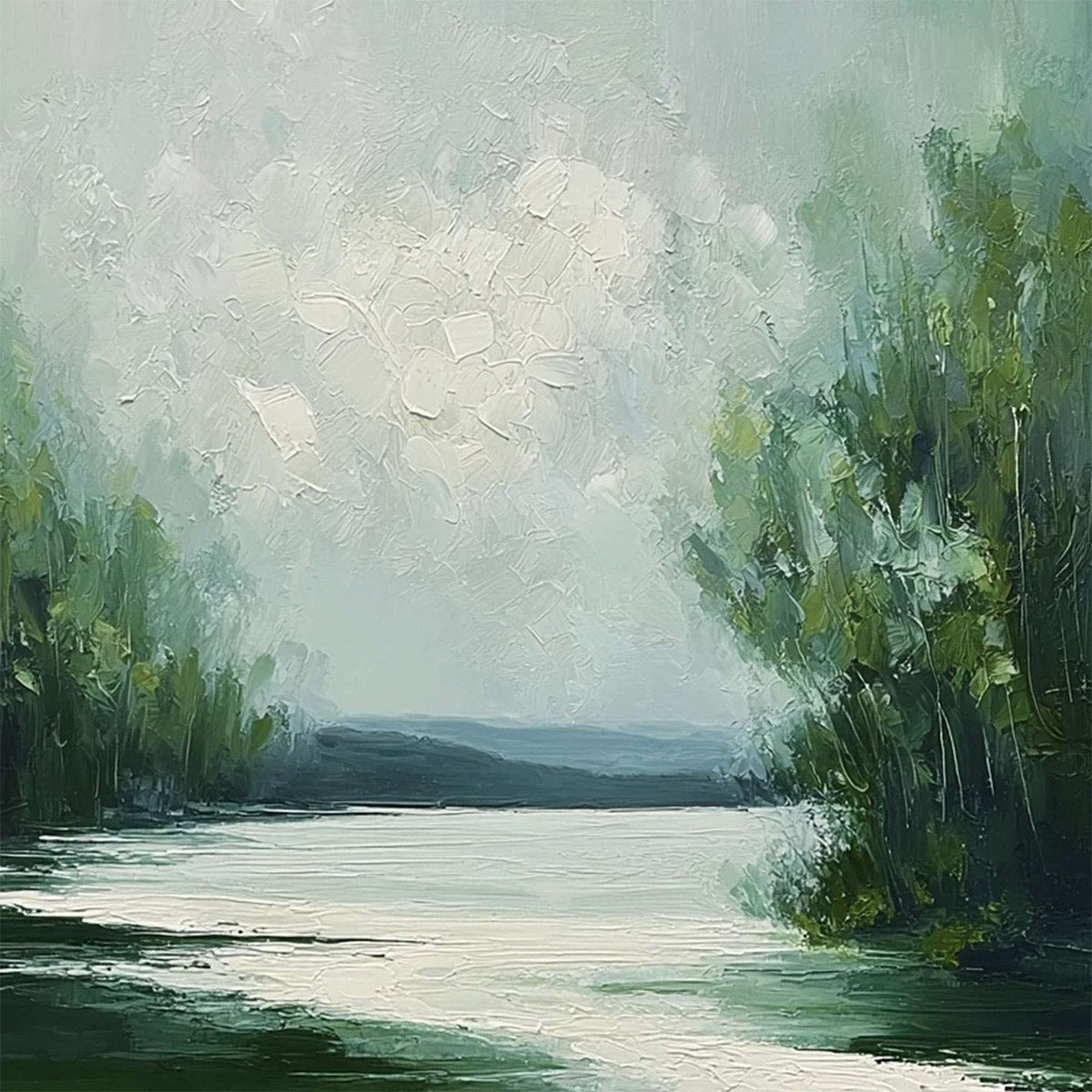 VERDANT REFLECTIONS: Textured Vertical Green Landscape Painting