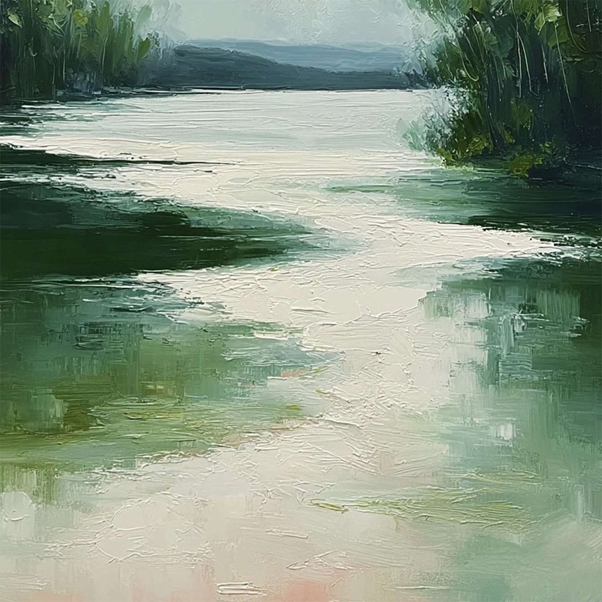 VERDANT REFLECTIONS: Textured Vertical Green Landscape Painting