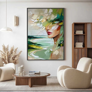 VERDANT REVERIE: Textured Palette Knife Abstract Portrait Painting