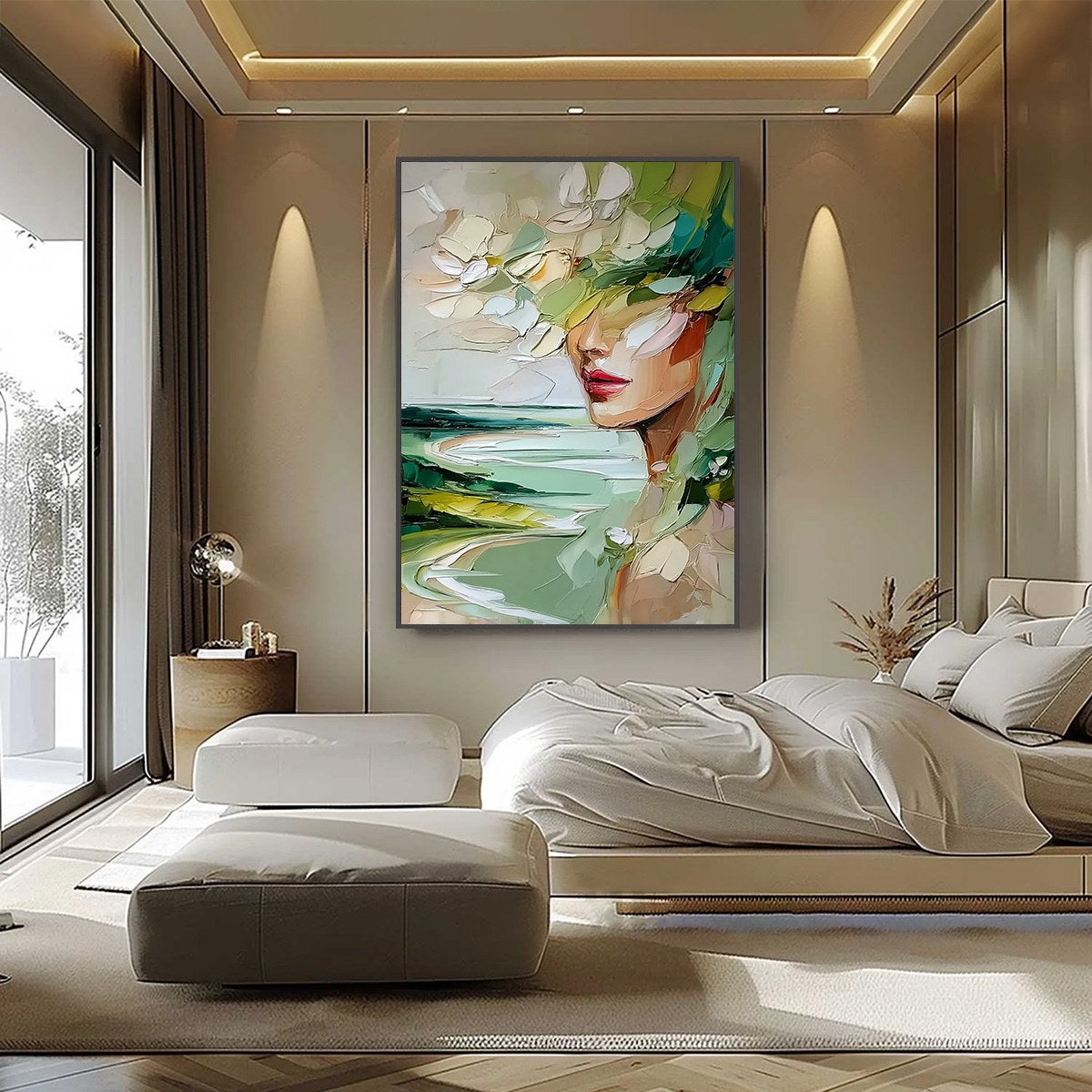 VERDANT REVERIE: Textured Palette Knife Abstract Portrait Painting