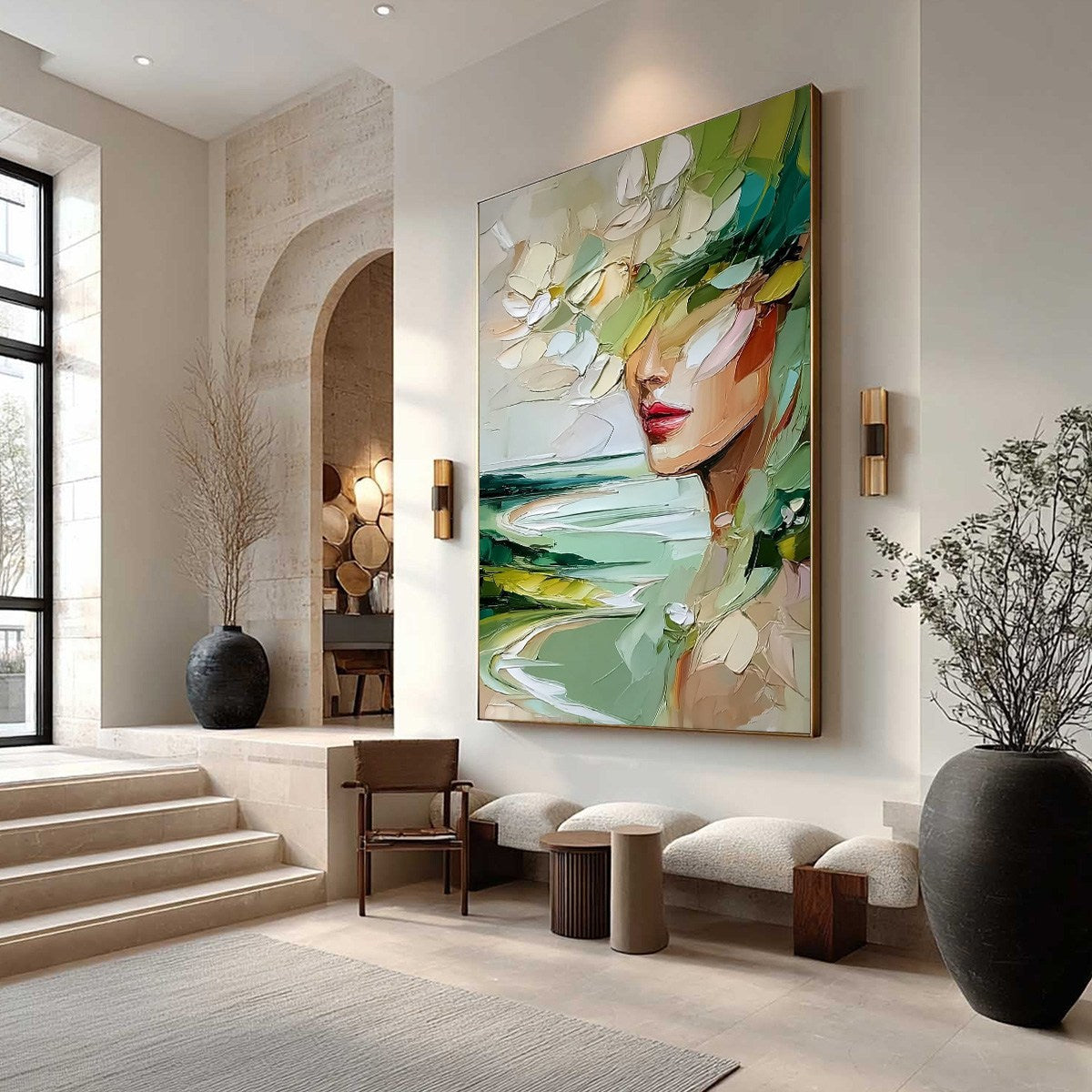 VERDANT REVERIE: Textured Palette Knife Abstract Portrait Painting