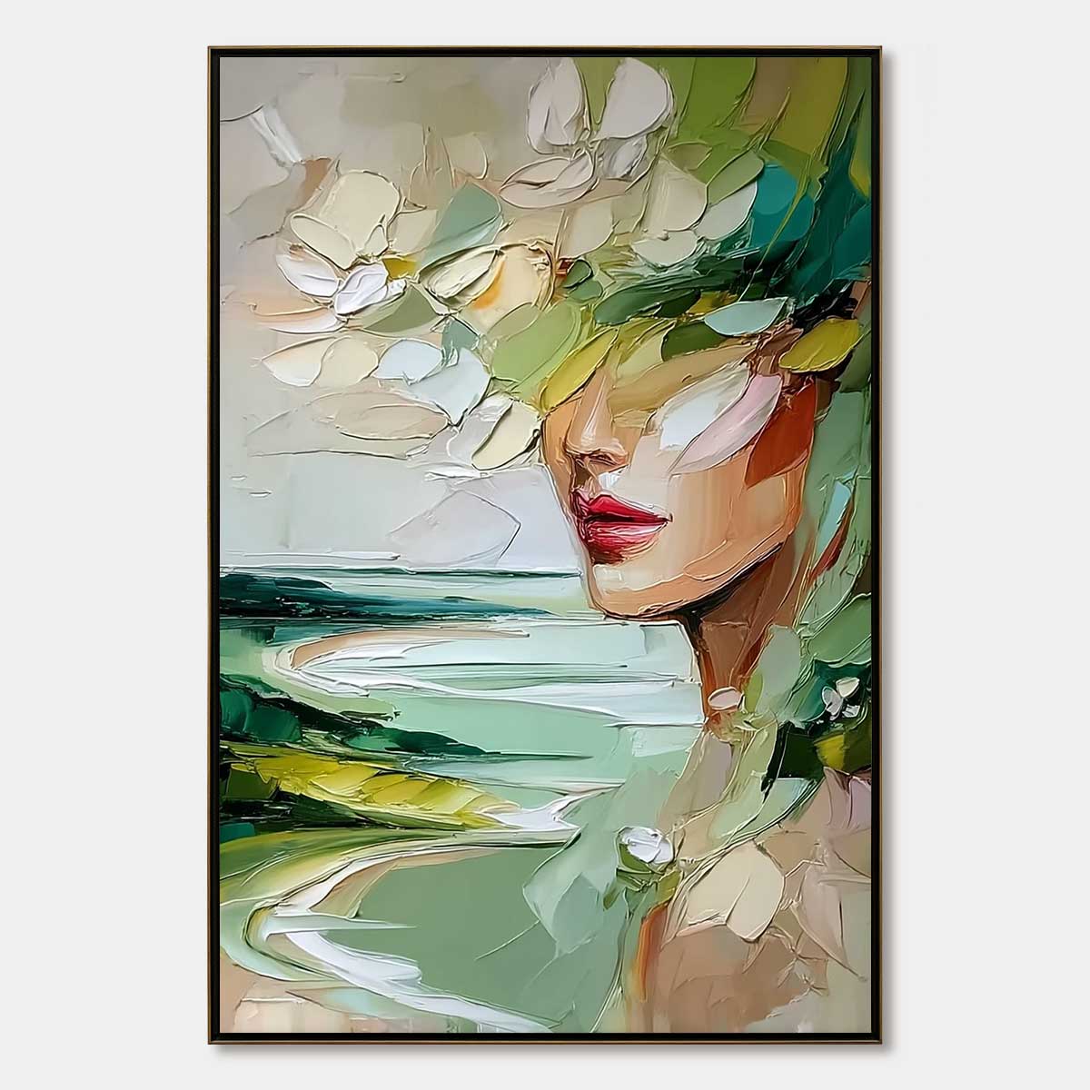 VERDANT REVERIE: Textured Palette Knife Abstract Portrait Painting