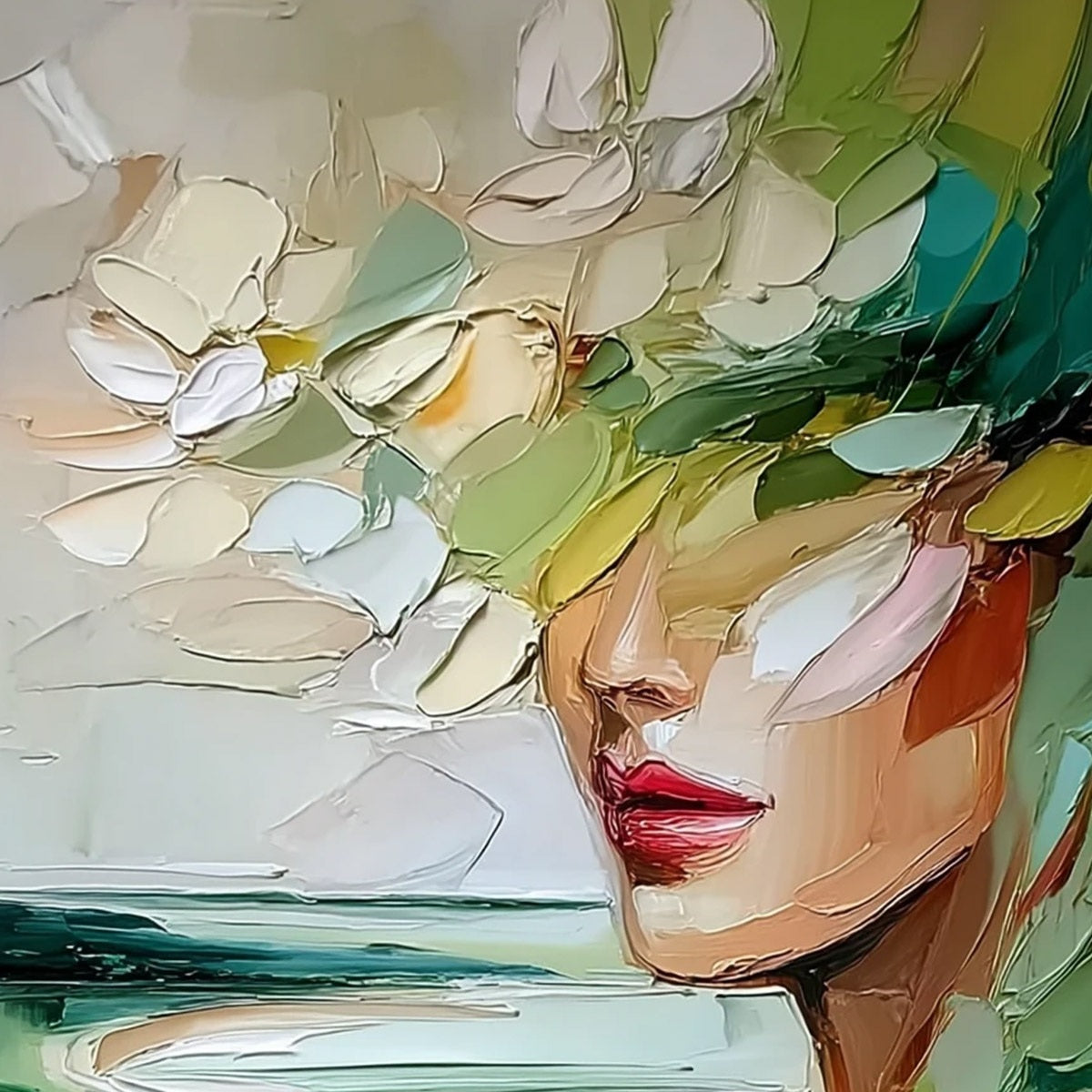 VERDANT REVERIE: Textured Palette Knife Abstract Portrait Painting